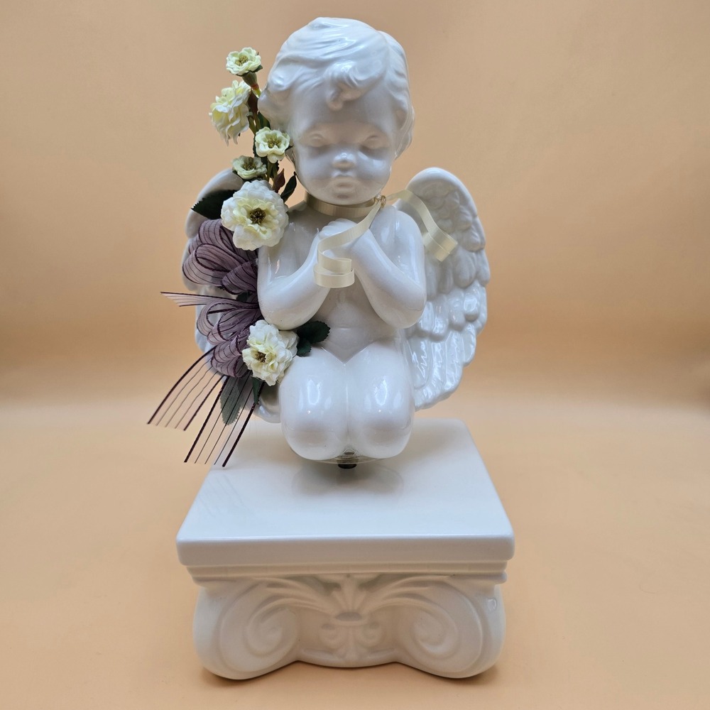Vintage White Ceramic Rotating Cherub Angel Figurine on Pedestal with Flowers - Picture 9 of 16